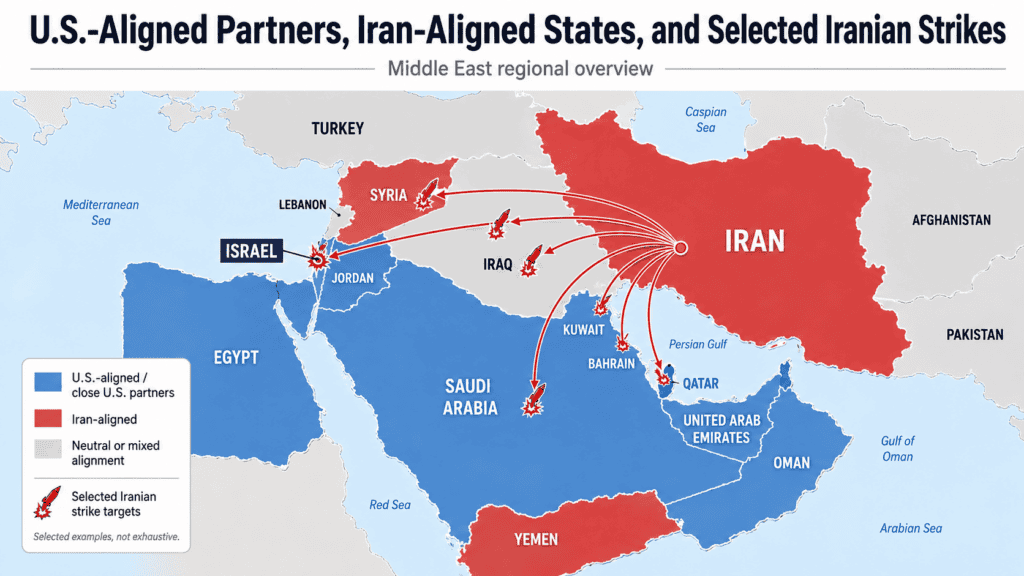 Middle East map showing U.S.-aligned partners, Iran-aligned states and selected Iranian missile strike targets