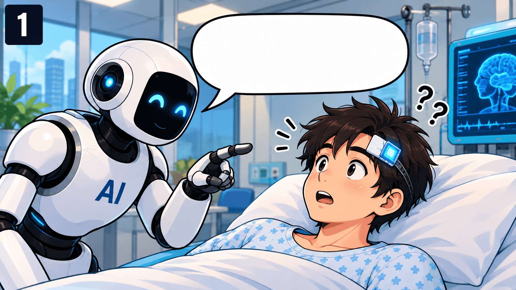 Comic panel showing an AI robot speaking to a patient with a brain interface